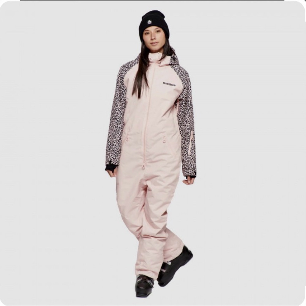 Oneskee Light Pink Snowsuit with leopard Patterned Sleeves